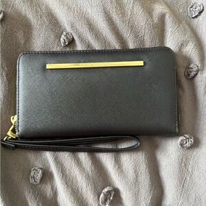 Steve Madden Black Saffiano Wristlet with Gold Logo Bar